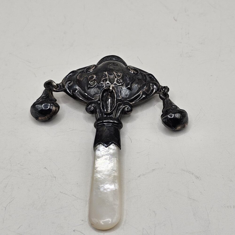 Antique Victorian Sterling & Mother Of Pearl Baby Rattle Ornate Bells